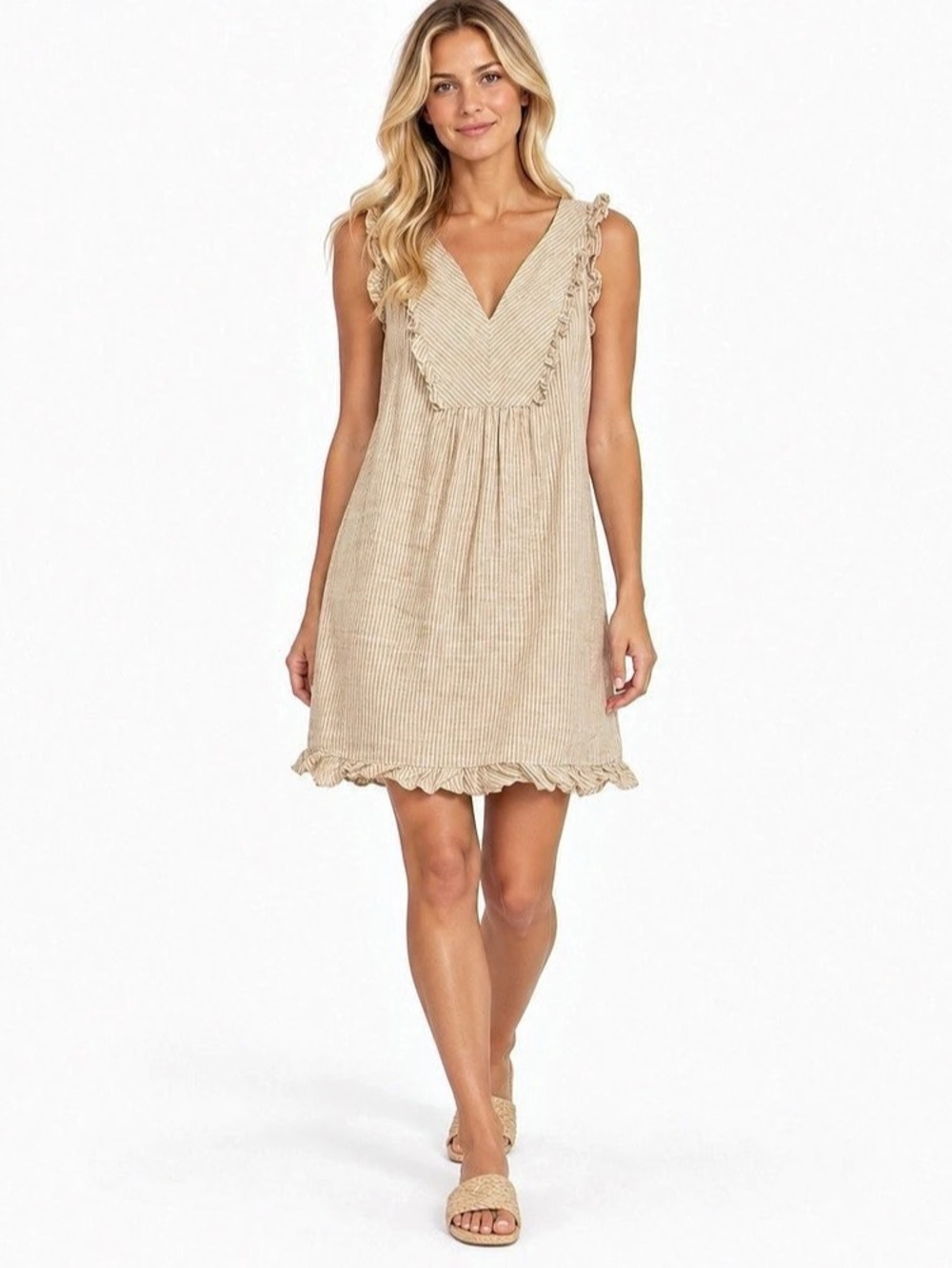 vineyard vines Striped Linen Ruffle Dress Beige & White Size 6